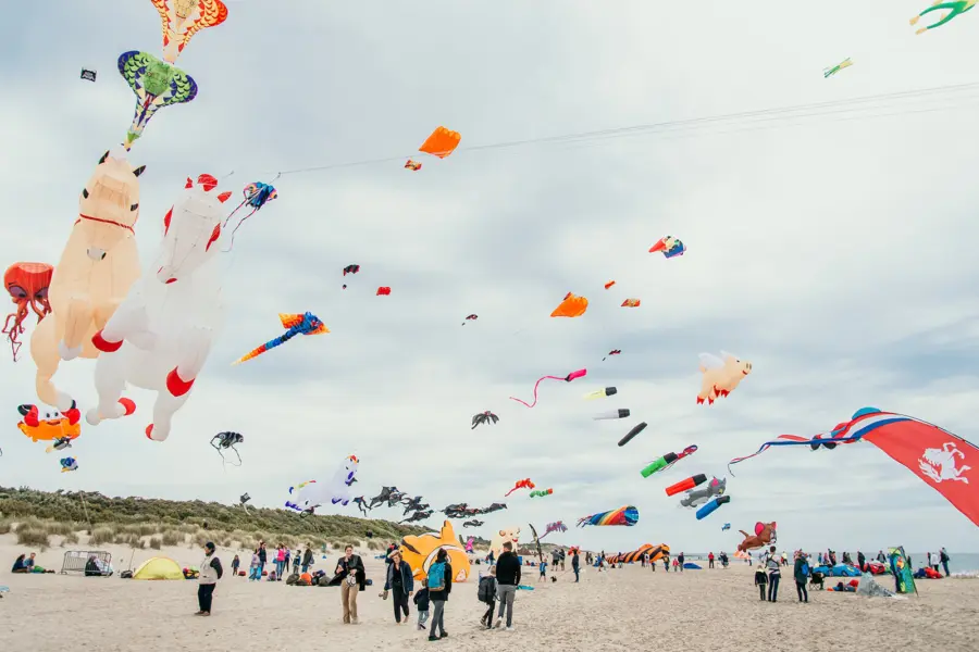 Vliegerfestival met kleurrijke figuren boven het strand